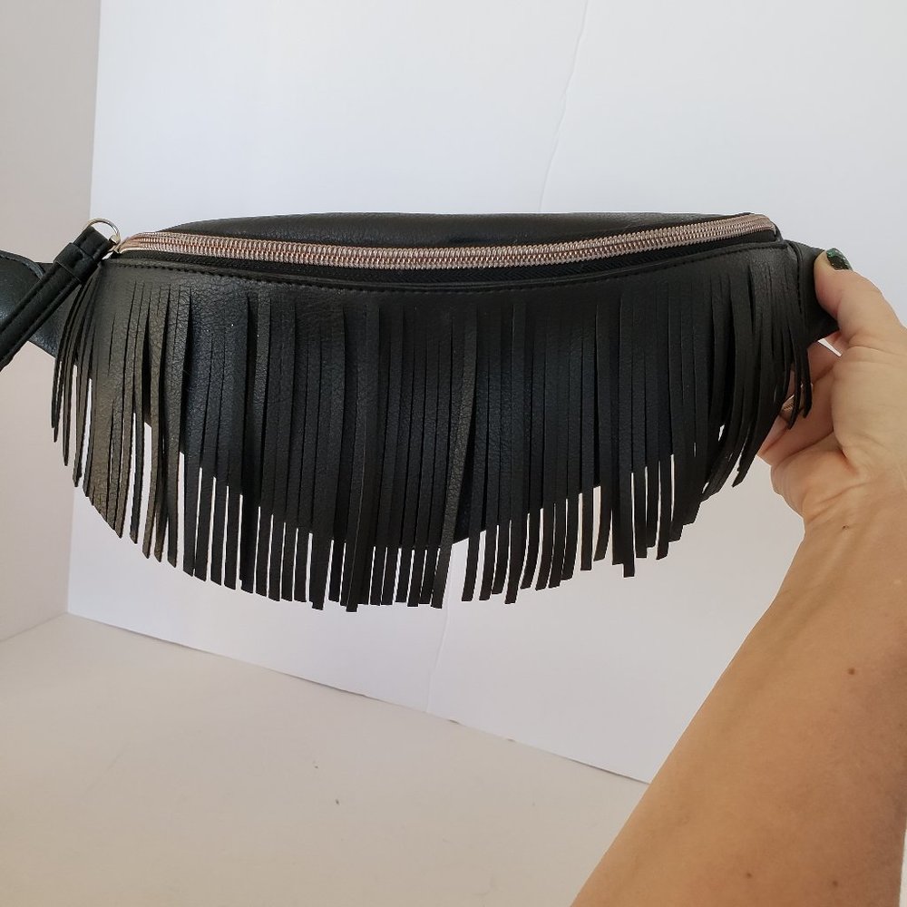 Fringy Black Faux Leather Fanny Pack